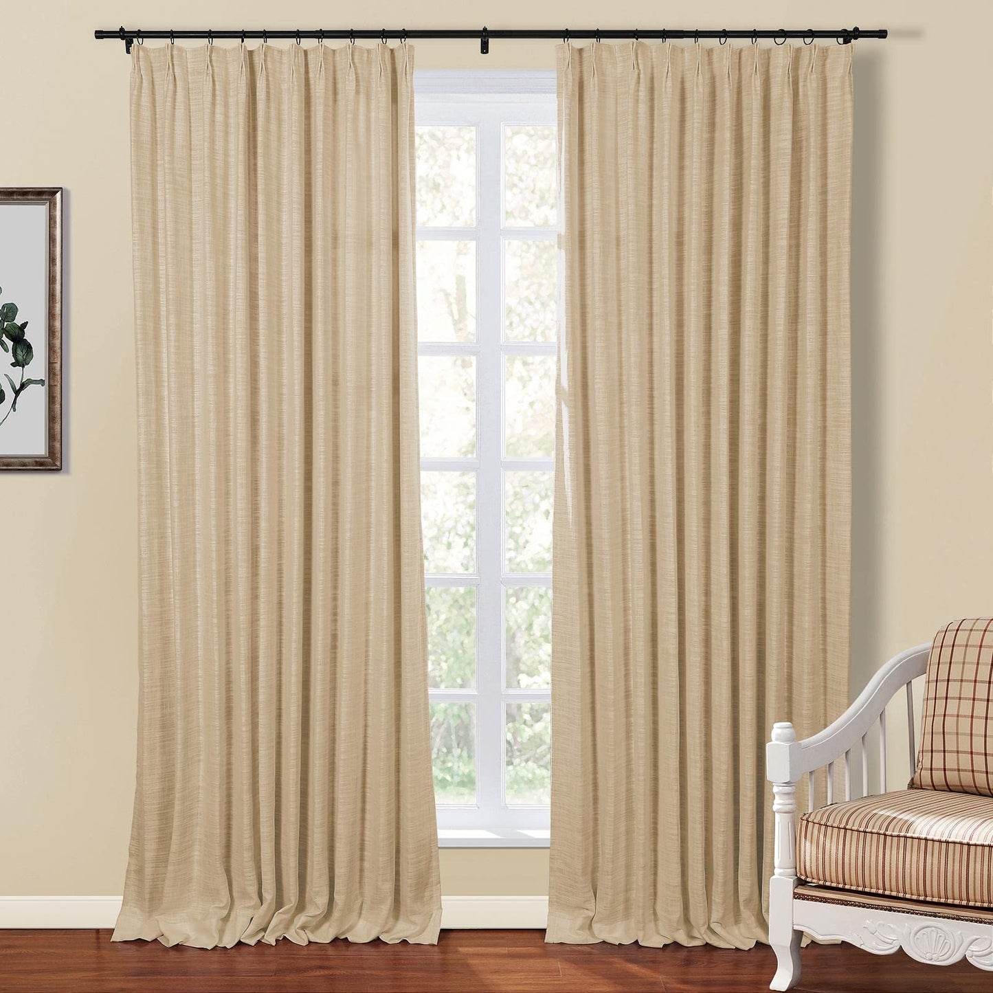 Drapifytex Pinch Pleat Polyester Faux Linen Curtain, 100 Inches Wide by 102 Inches Long, Beige Texture Curtains for Living Room and Bedroom (1 Panel)