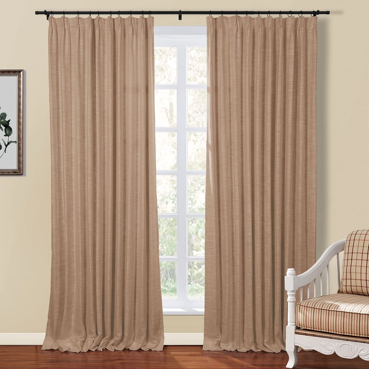 Drapifytex Pinch Pleat Polyester Faux Linen Curtain, 100 Inches Wide by 102 Inches Long, Beige Texture Curtains for Living Room and Bedroom (1 Panel)