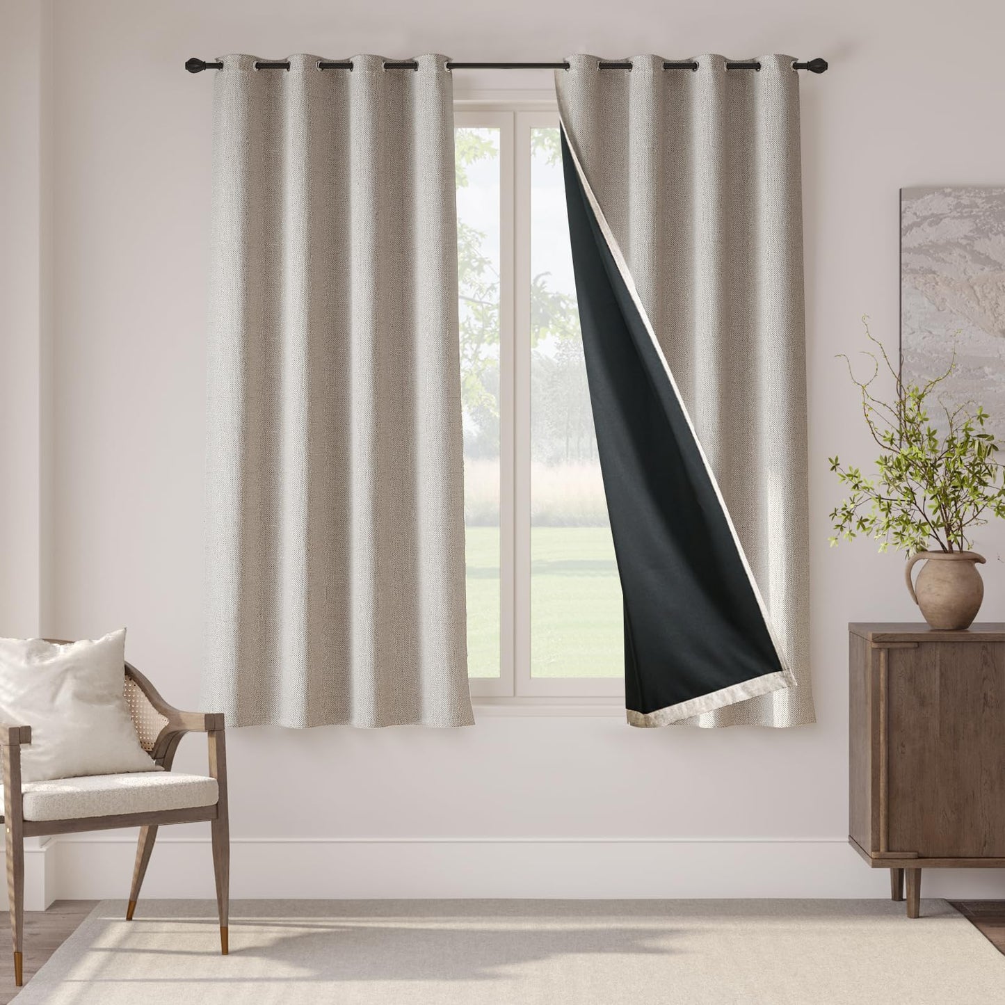 jinchan 70% Blackout Linen Textured Curtain for Living Room Darkening 84 Inch Long Bedroom Curtain Thermal Insulated Curtain Greyish Beige Curtain Grommet Top Window Curtain 1 Panel