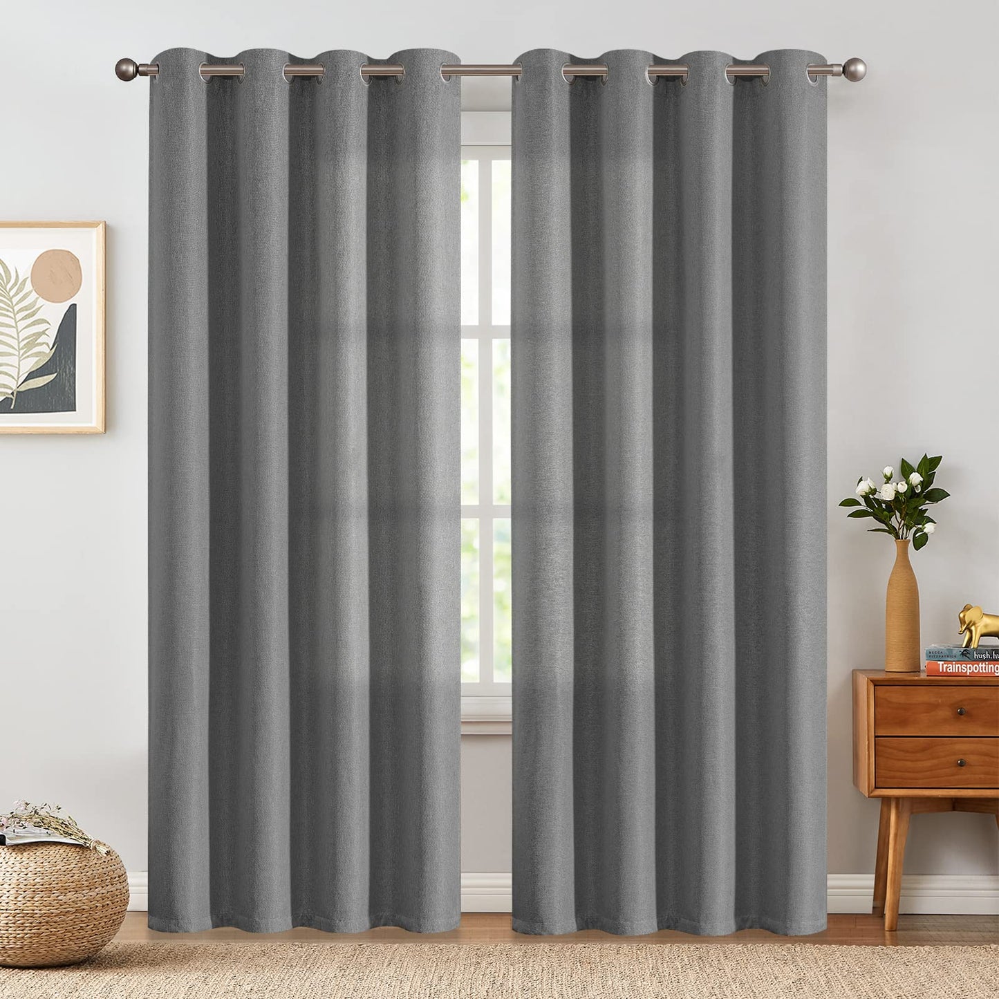 jinchan 70% Blackout Linen Textured Curtain for Living Room Darkening 84 Inch Long Bedroom Curtain Thermal Insulated Curtain Greyish Beige Curtain Grommet Top Window Curtain 1 Panel