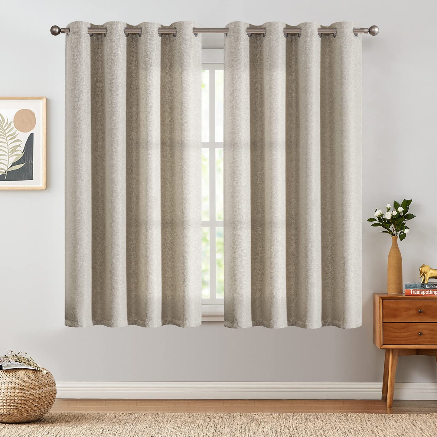 jinchan 70% Blackout Linen Textured Curtain for Living Room Darkening 84 Inch Long Bedroom Curtain Thermal Insulated Curtain Greyish Beige Curtain Grommet Top Window Curtain 1 Panel