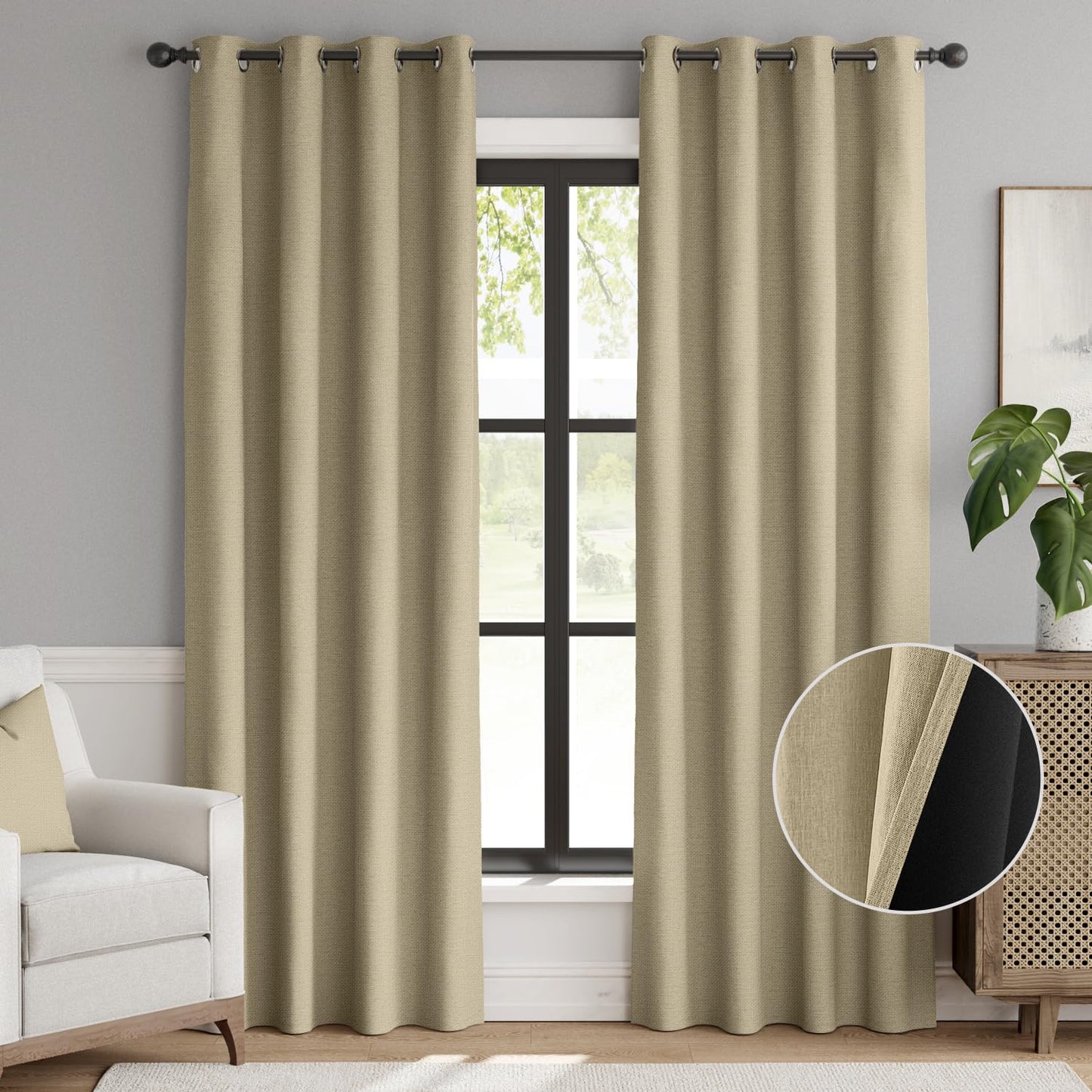 jinchan 70% Blackout Linen Textured Curtain for Living Room Darkening 84 Inch Long Bedroom Curtain Thermal Insulated Curtain Greyish Beige Curtain Grommet Top Window Curtain 1 Panel