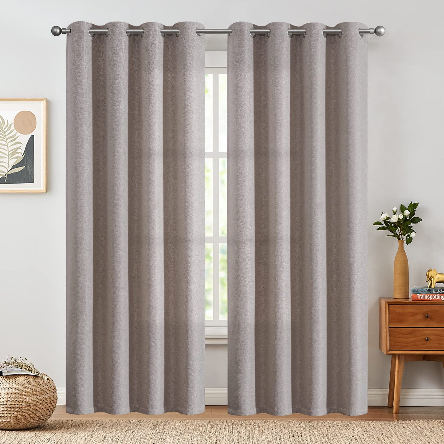 jinchan 70% Blackout Linen Textured Curtain for Living Room Darkening 84 Inch Long Bedroom Curtain Thermal Insulated Curtain Greyish Beige Curtain Grommet Top Window Curtain 1 Panel