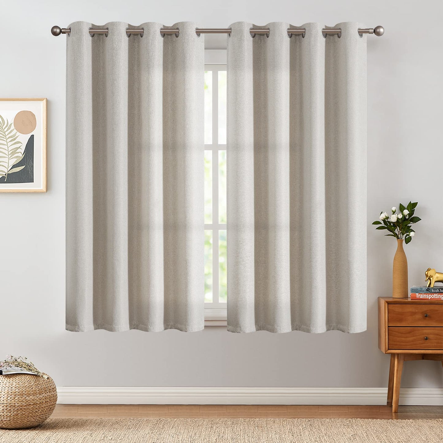 jinchan 70% Blackout Linen Textured Curtain for Living Room Darkening 84 Inch Long Bedroom Curtain Thermal Insulated Curtain Greyish Beige Curtain Grommet Top Window Curtain 1 Panel