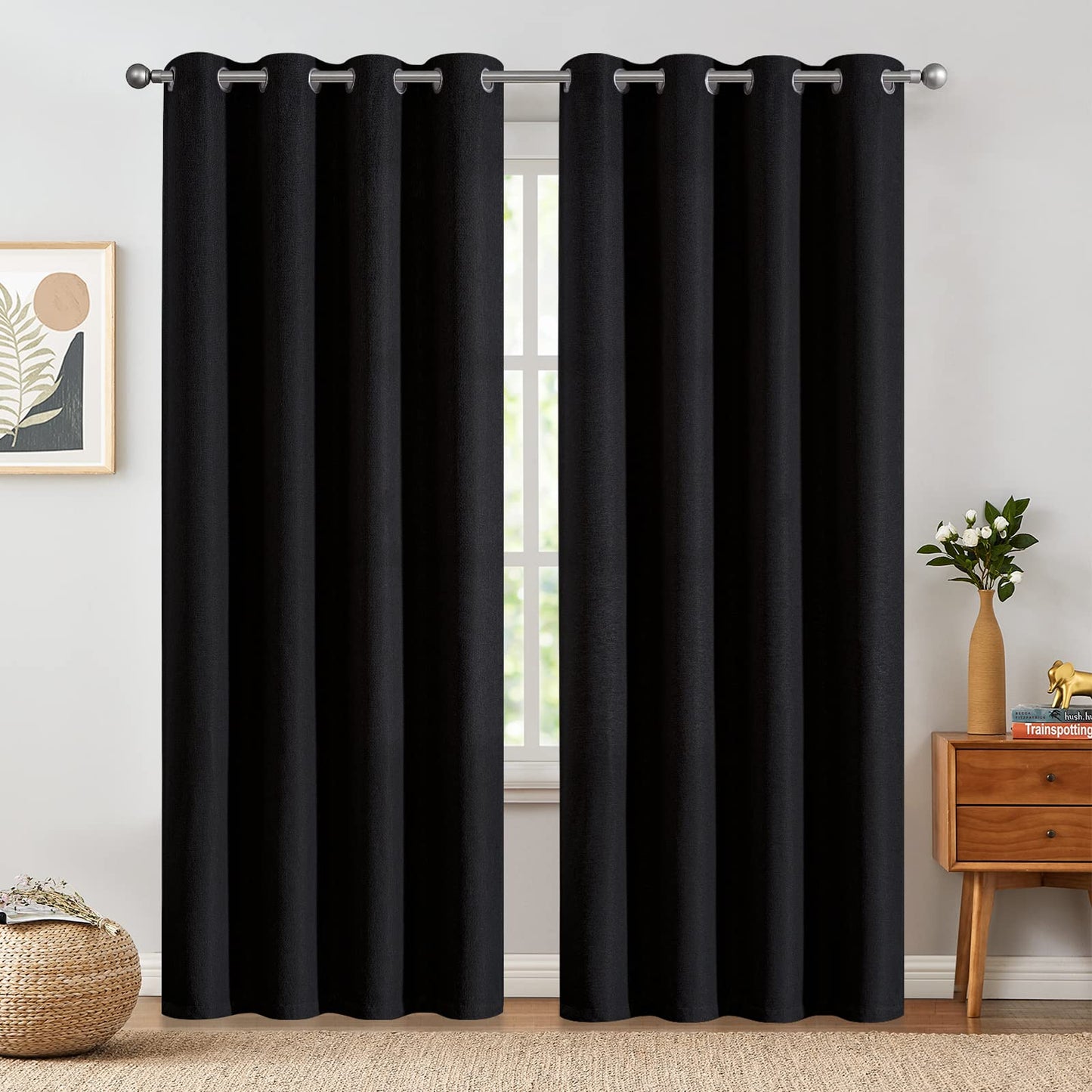 jinchan 70% Blackout Linen Textured Curtain for Living Room Darkening 84 Inch Long Bedroom Curtain Thermal Insulated Curtain Greyish Beige Curtain Grommet Top Window Curtain 1 Panel