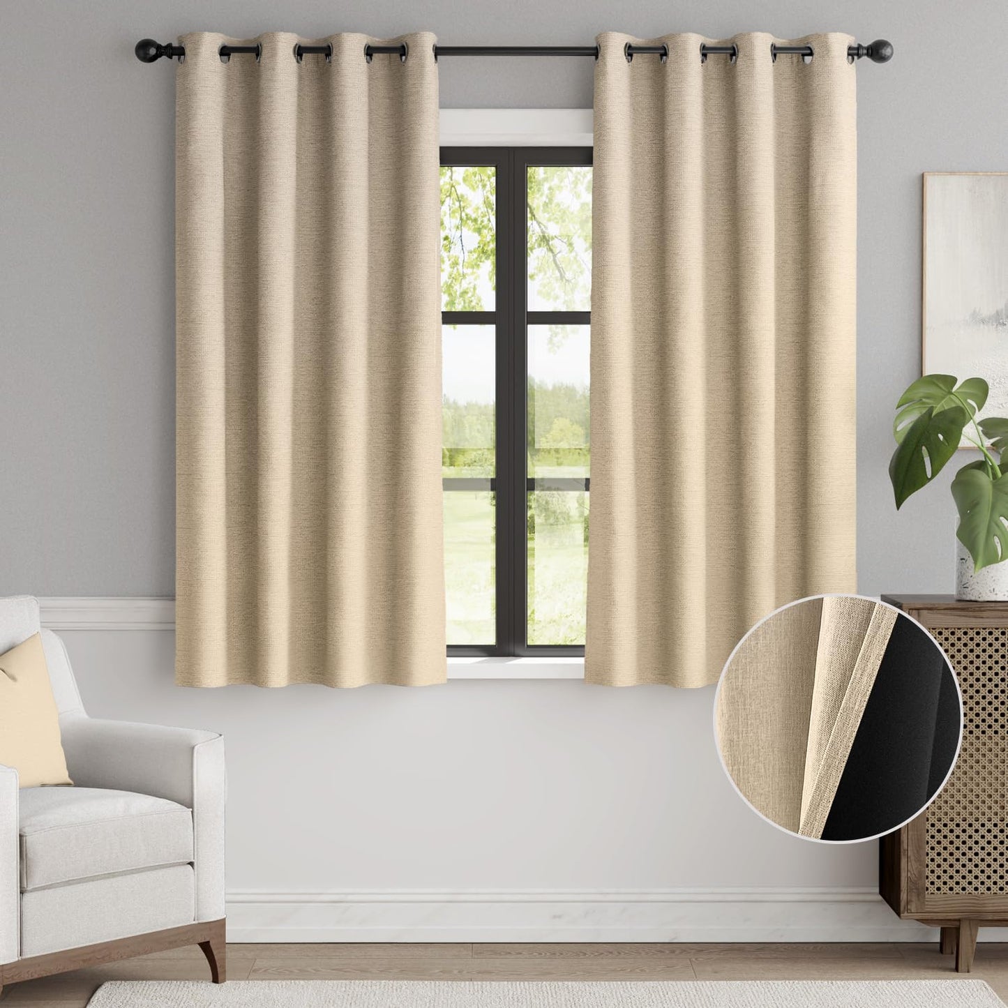 jinchan 70% Blackout Linen Textured Curtain for Living Room Darkening 84 Inch Long Bedroom Curtain Thermal Insulated Curtain Greyish Beige Curtain Grommet Top Window Curtain 1 Panel