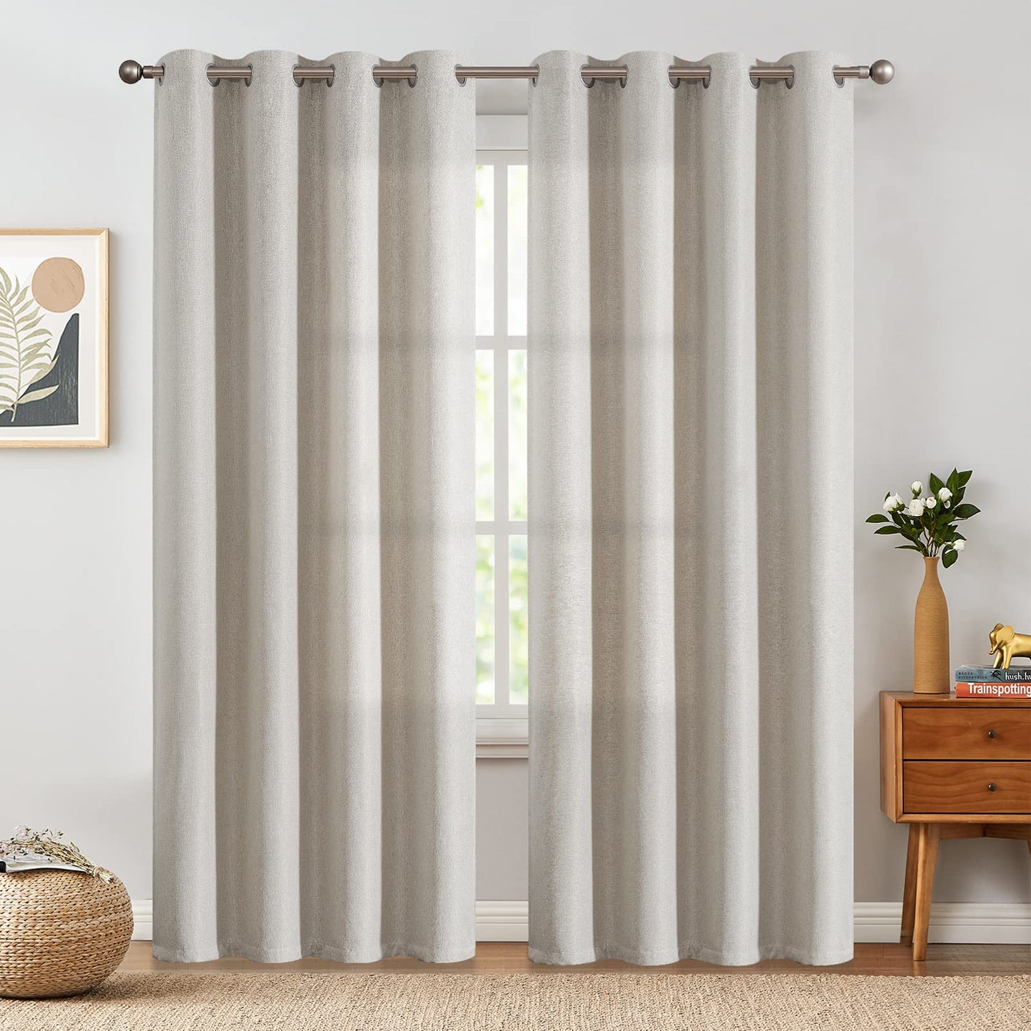 jinchan 70% Blackout Linen Textured Curtain for Living Room Darkening 84 Inch Long Bedroom Curtain Thermal Insulated Curtain Greyish Beige Curtain Grommet Top Window Curtain 1 Panel