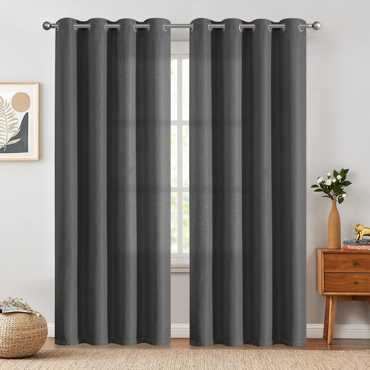 jinchan 70% Blackout Linen Textured Curtain for Living Room Darkening 84 Inch Long Bedroom Curtain Thermal Insulated Curtain Greyish Beige Curtain Grommet Top Window Curtain 1 Panel